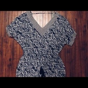 Blue and white paisley boho top with fringe tie.